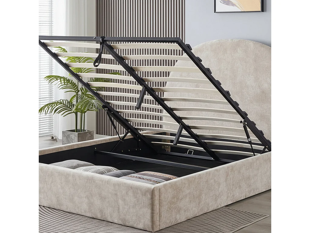 Lit coffre 160x200 beige tête de lit arrondie sommier inclus