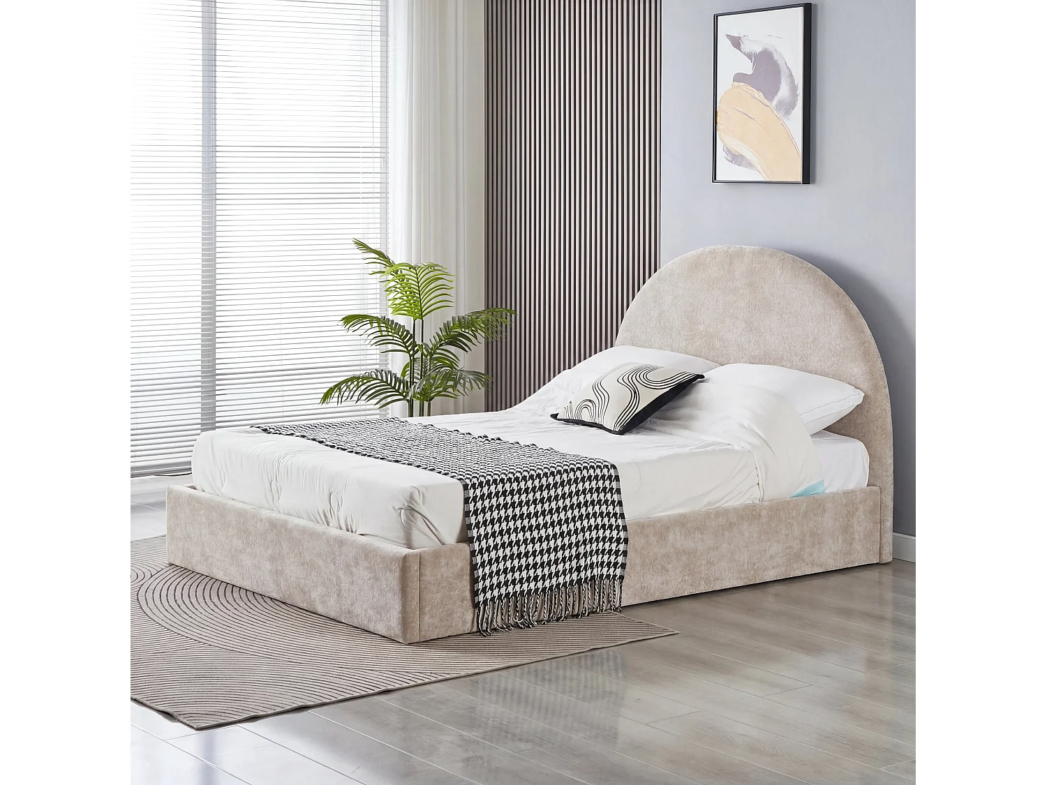 Lit coffre 160x200 beige tête de lit arrondie sommier inclus