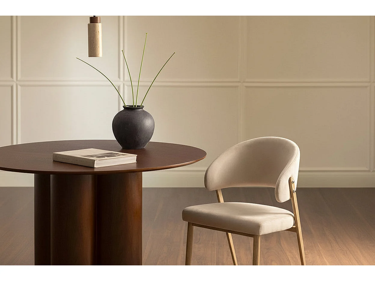 Lot 4 chaises salle à manger velours beige pieds effet bois LAMIA