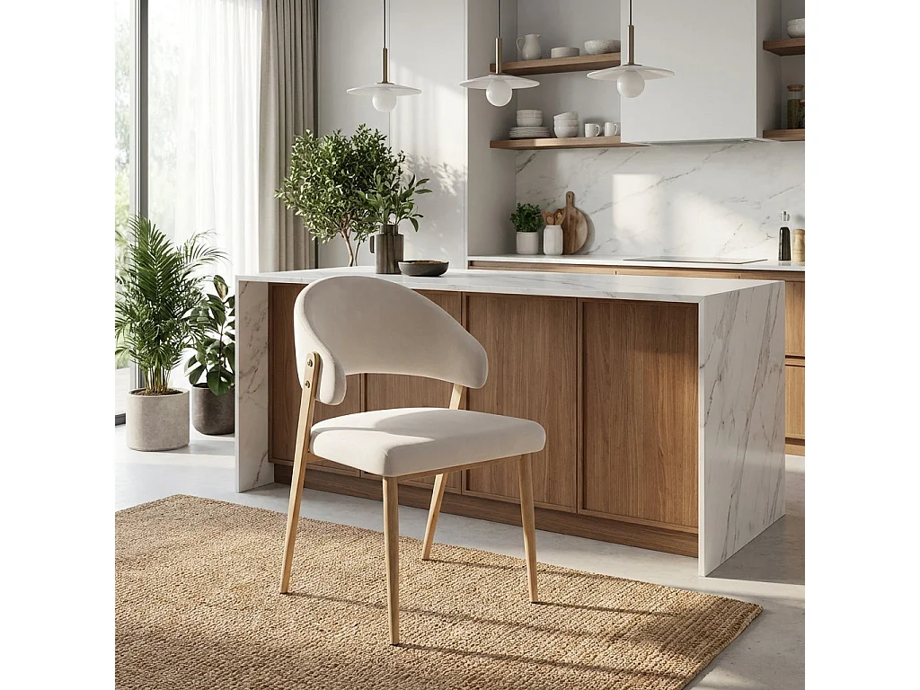 Lot 4 chaises salle à manger velours beige pieds effet bois LAMIA