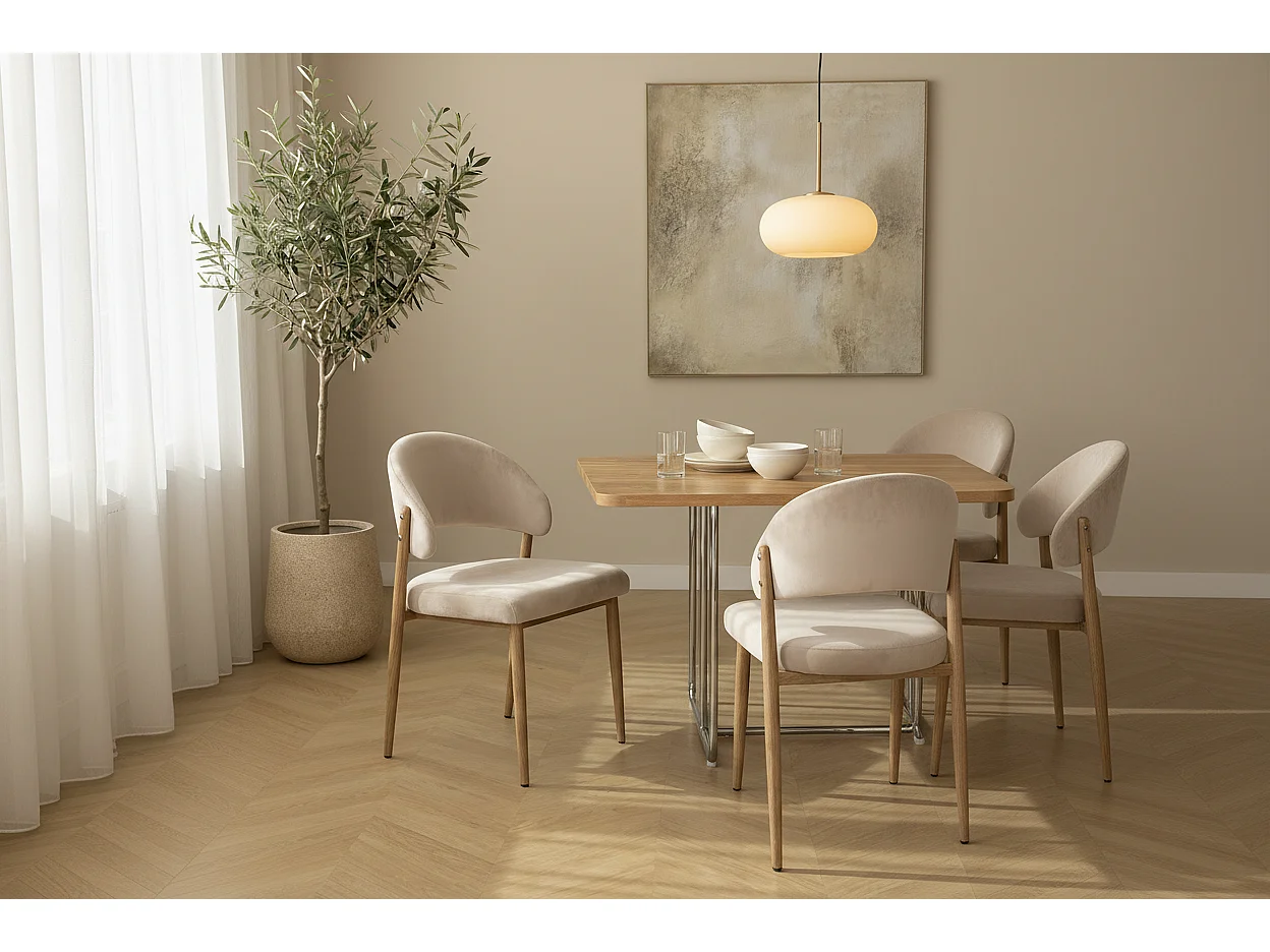 Lot 4 chaises salle à manger velours beige pieds effet bois LAMIA