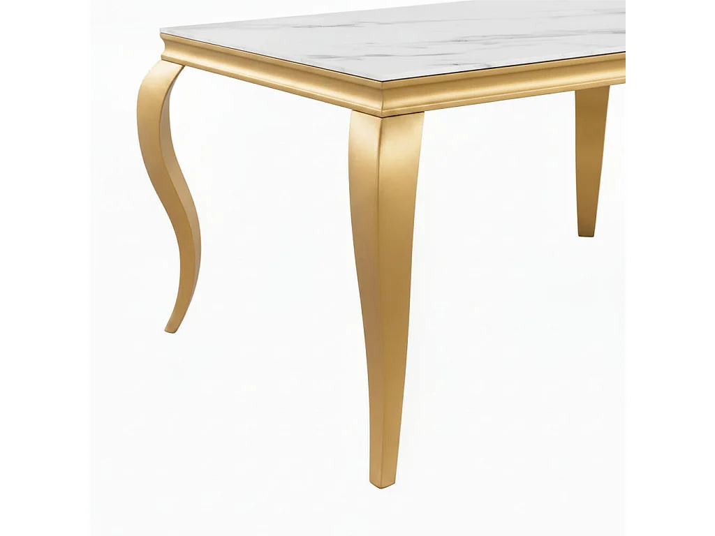 Ensemble Table à manger 180cm Plateau Marbré + 6 Chaises Velours Beige Pieds Gold