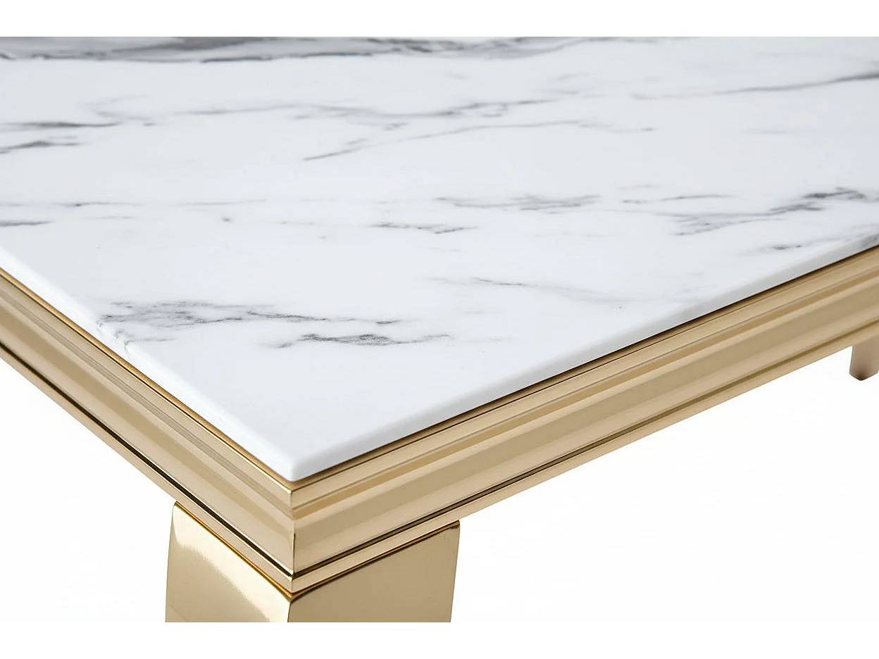 Ensemble Table à manger 180cm Plateau Marbré + 6 Chaises Velours Beige Pieds Gold