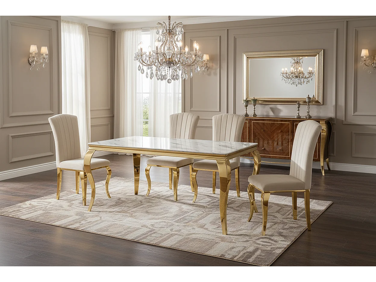 Ensemble Table à manger 180cm Plateau Marbré + 6 Chaises Velours Beige Pieds Gold