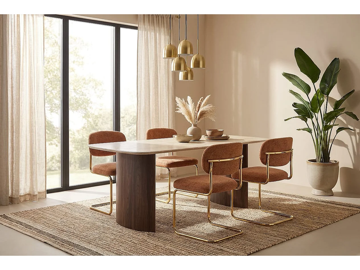 Lot de 4 chaises salle à manger tissu terracotta, pied doré - ARC