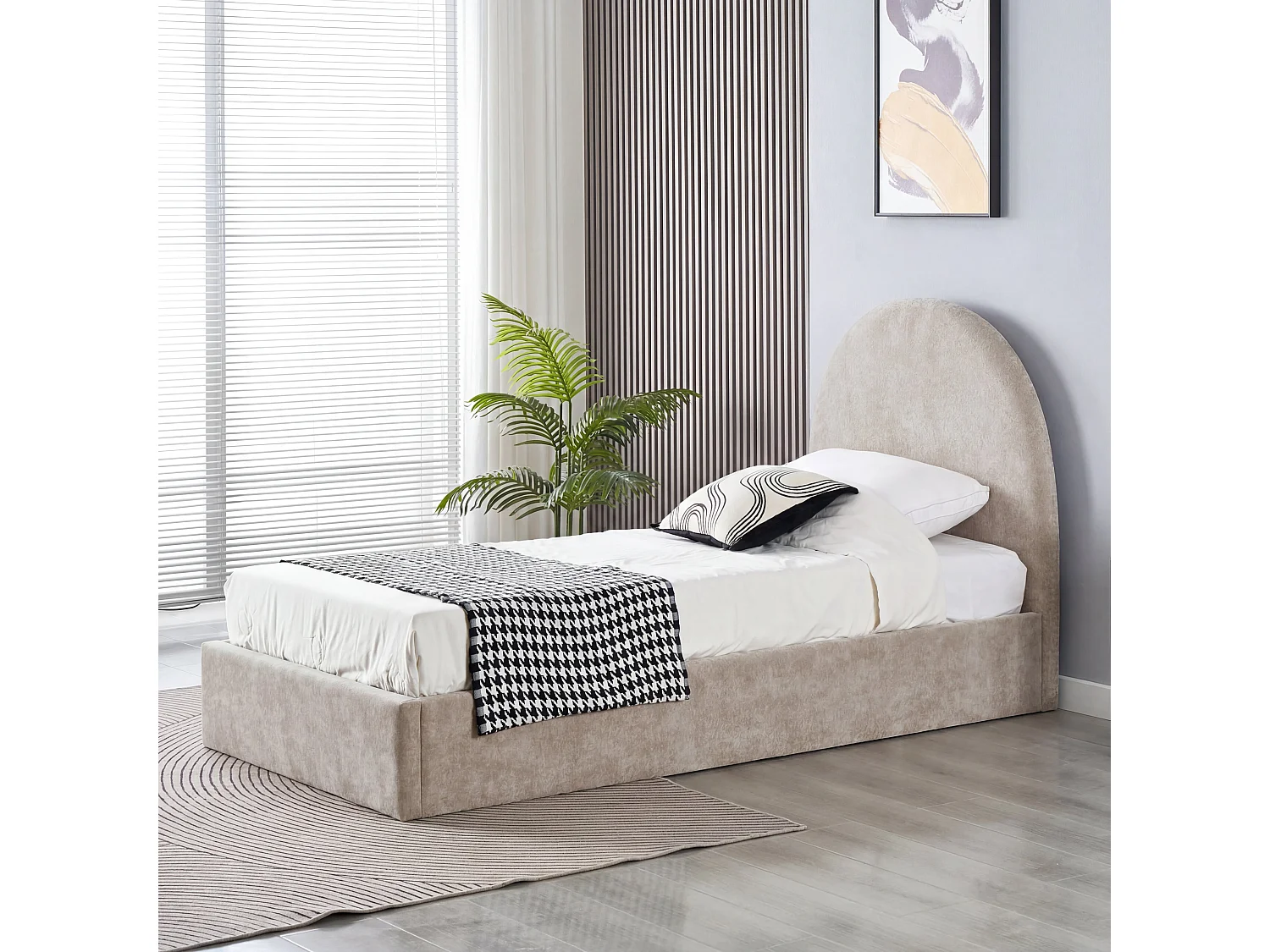 Lit coffre 90x190 beige tête de lit arrondie sommier inclus