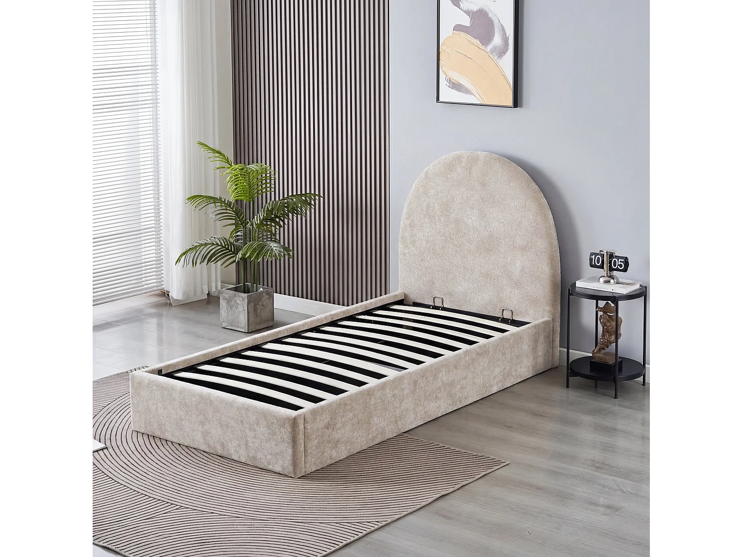 Lit coffre 90x190 beige tête de lit arrondie sommier inclus