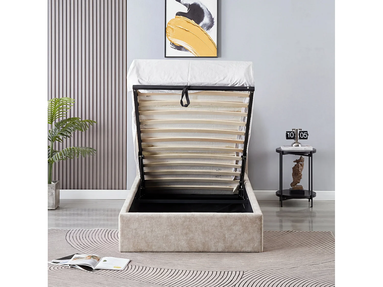 Lit coffre 90x190 beige tête de lit arrondie sommier inclus