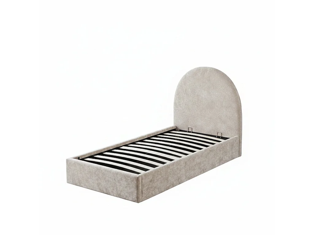 Lit coffre 90x190 beige tête de lit arrondie sommier inclus