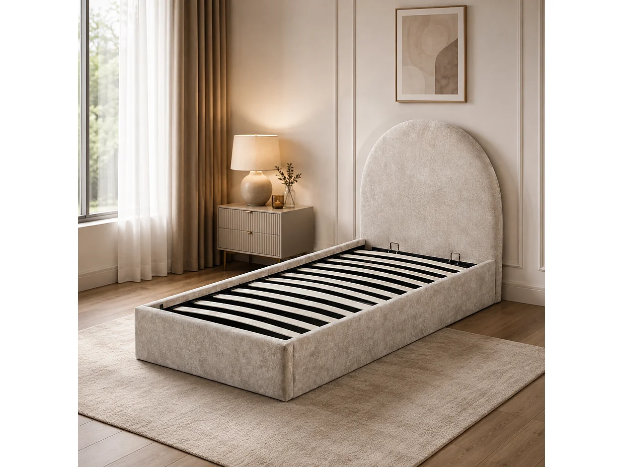 Lit coffre 90x190 beige tête de lit arrondie sommier inclus
