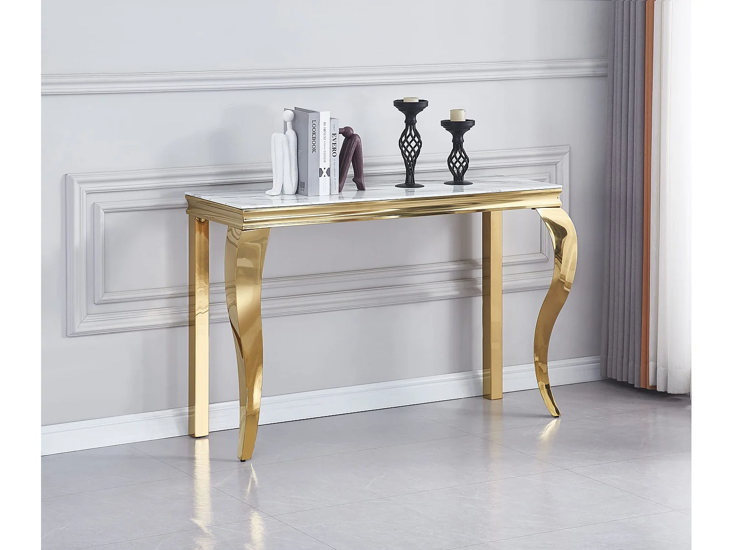 Console métal doré plateau verre trempé marbre blanc 120 cm BAROQUE