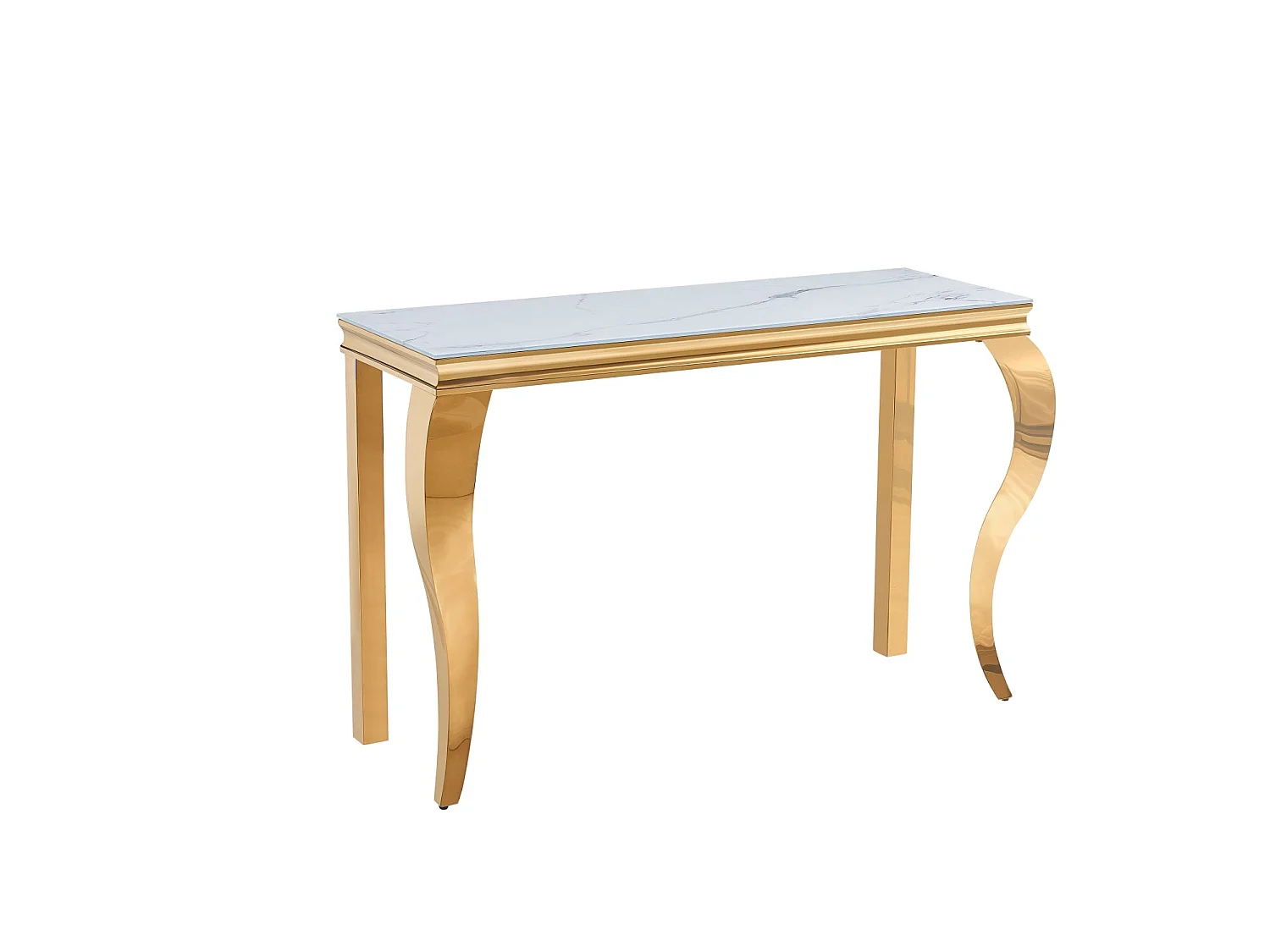 Console métal doré plateau verre trempé marbre blanc 120 cm BAROQUE