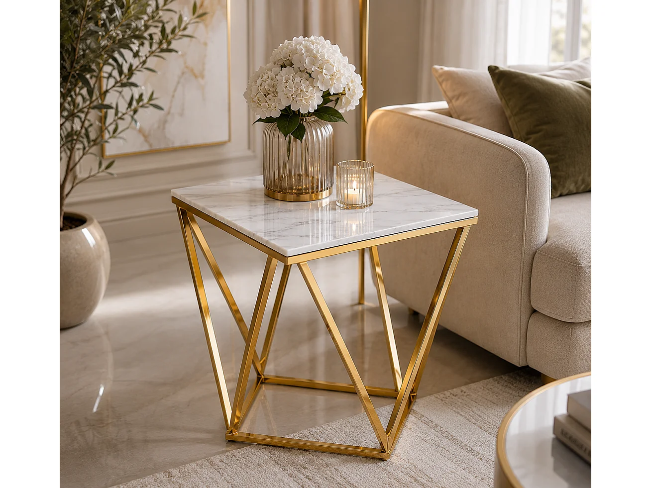 Bout de Canapé ALINA Gold & Marbre Blanc – 50x50x56 cm