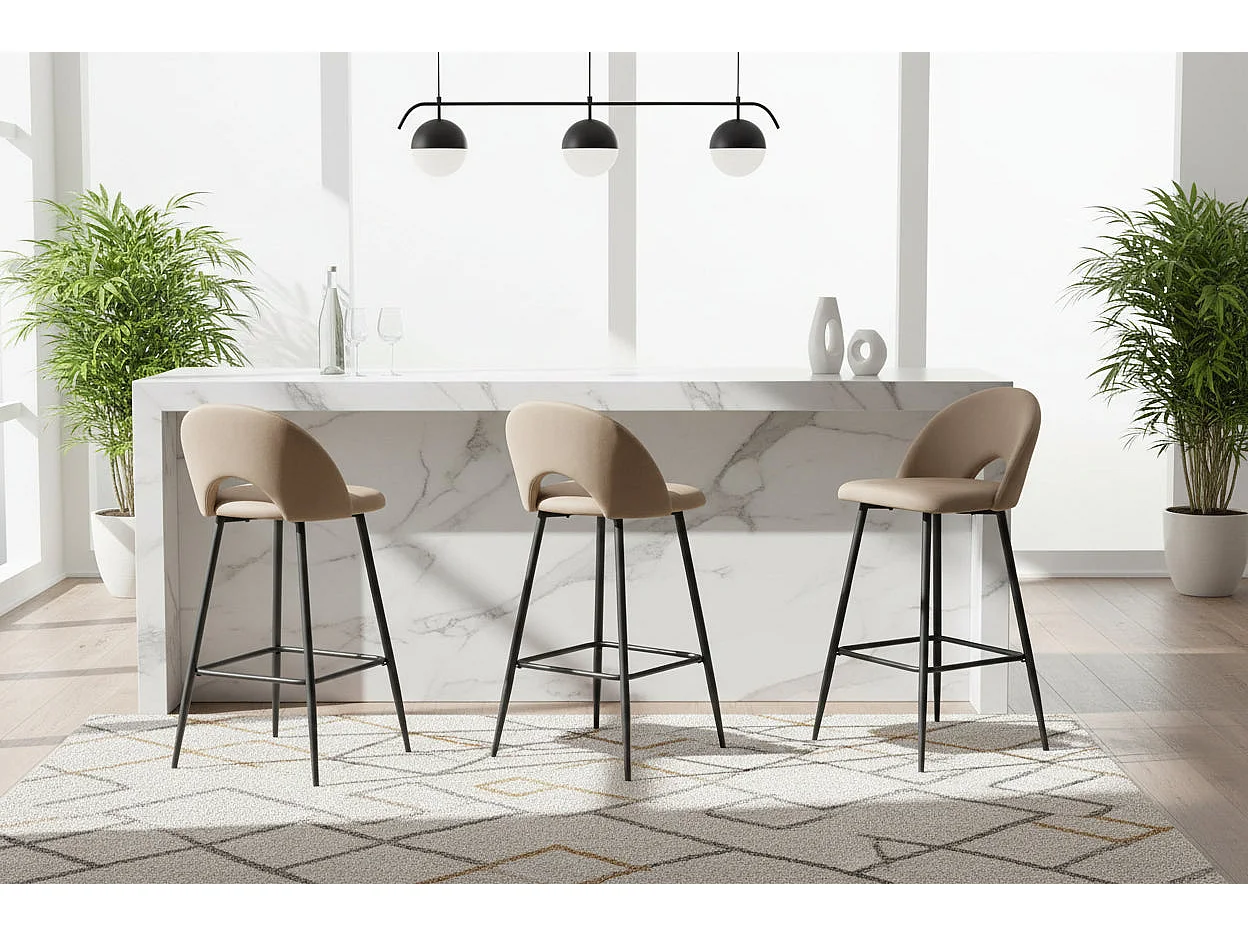 Lot 2 Tabourets de Bar Teddy Velours Taupe Pieds Métal Noir 47x36x98cm
