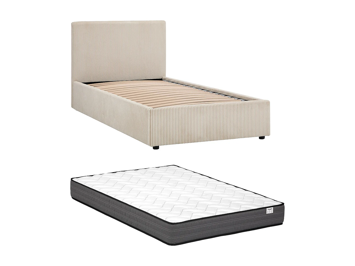 Lit coffre 120 x 190 cm – Velours côtelé – Crème + Matelas - VALME