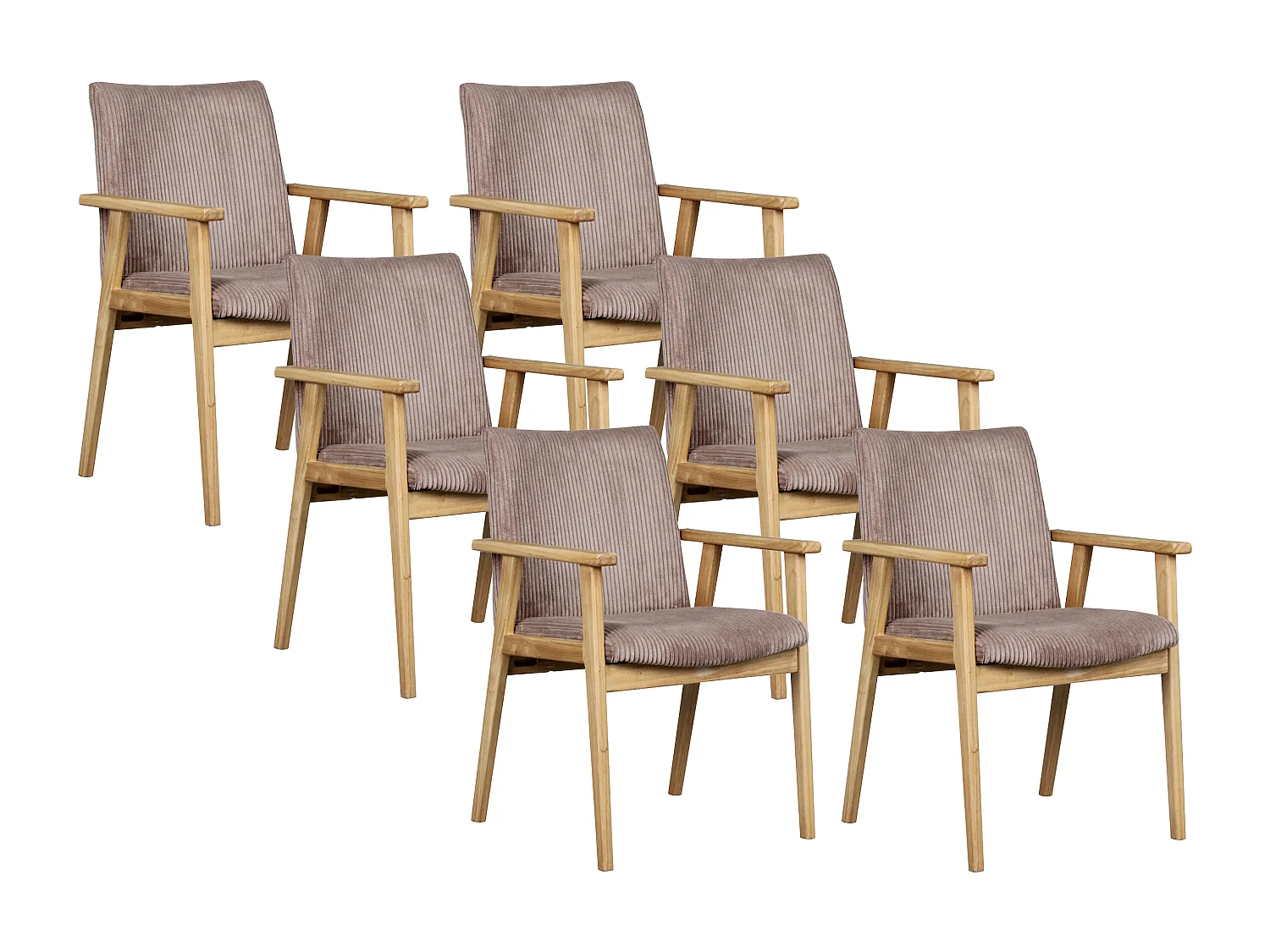 Lot de 6 chaises avec accoudoirs en velours côtelé et bois d'hévéa - Taupe - FILDON