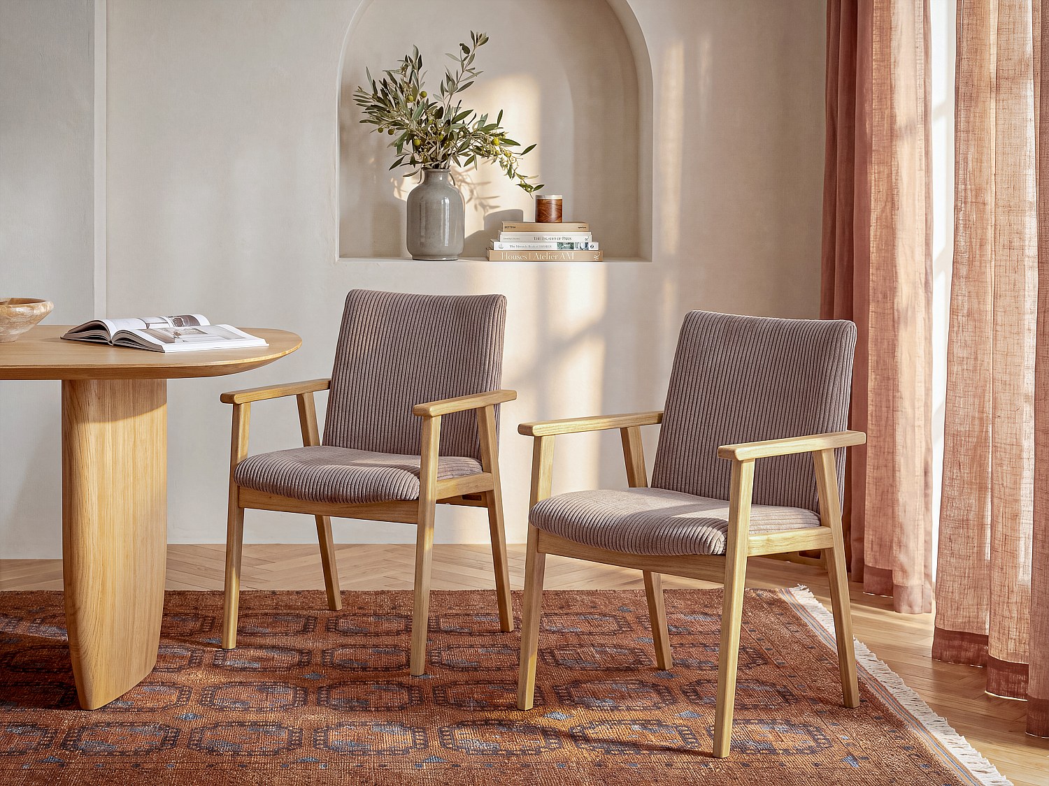6er-Set Stuhl mit Armlehnen aus Cord-Samt und Hevea-Holz - Taupe FILDON
