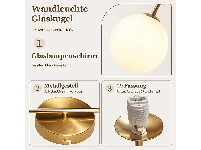 NETTLIFE Applique Murale Intérieure Design Moderne G9 Sphère en Verre Lampe Murale pour Chambre
