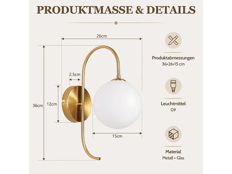 NETTLIFE Wandleuchte innen Wandlampe Schlafzimmer G9 Glaskugel Gold Flurleuchte