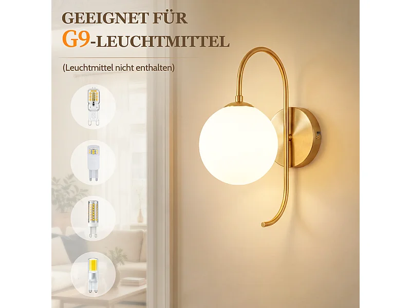 NETTLIFE Wandleuchte innen Wandlampe Schlafzimmer G9 Glaskugel Gold Flurleuchte