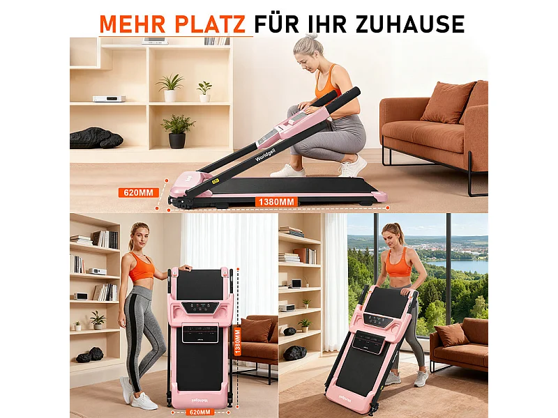 Nettlife Tapis de course compact rose 1-14 km/h avec inclinaison, écran LED, pour maison et bureau, LED, réglable LED, 108 cm 26,7 kg 14,5 cm, Dimensions du produit
