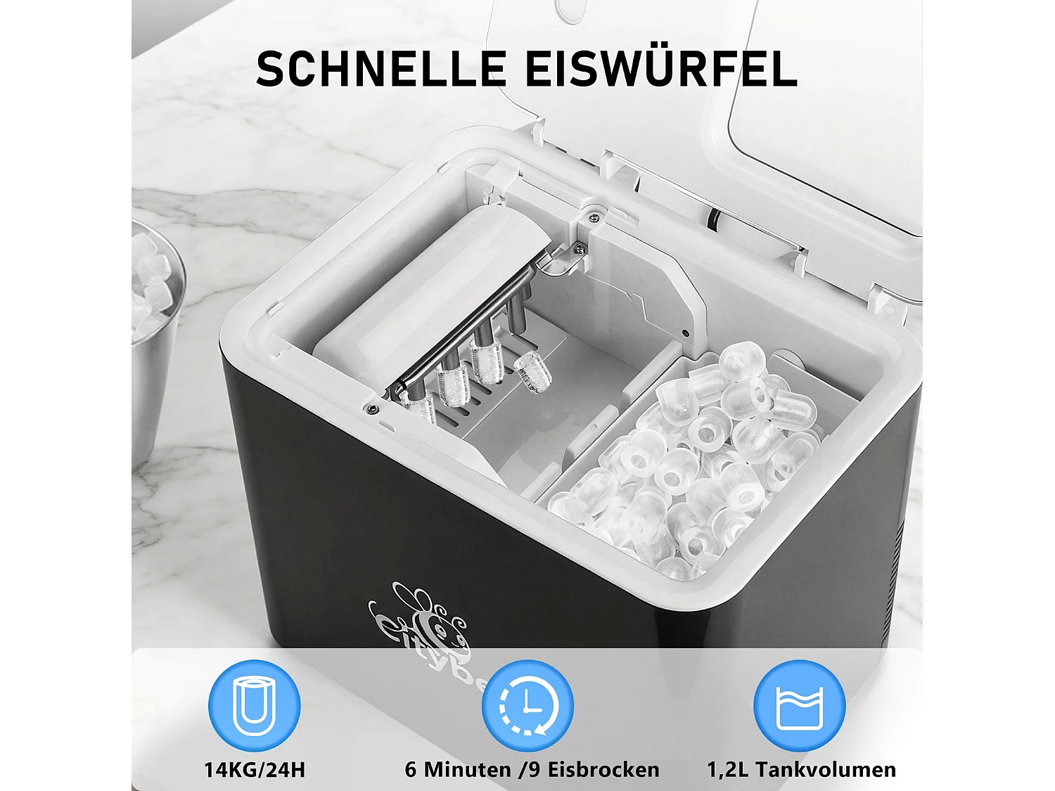 Nettlife Machine à glaçons 9 pièces/6 min, 14 kg/24h, 1,2 L, auto-nettoyage, compacte, noir., Production de Glace Ultra-Rapide, 15 kg, 25,2 cm 6 kg