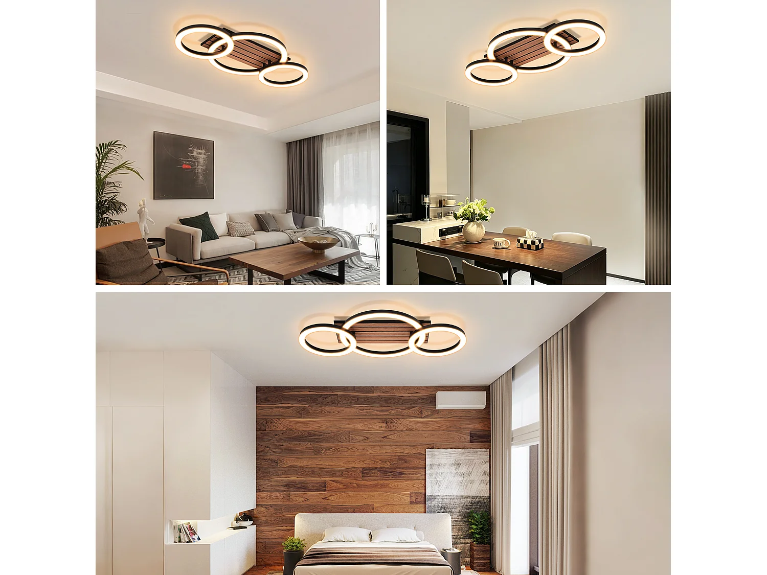 Nettlife Plafonnier pour Salon, 58 cm Noir avec Imitation Bois, 3 Anneaux, 3000 K 21 W, Design moderne à 3 anneaux, LED, Éclairage LED 21 W, LED 21 W