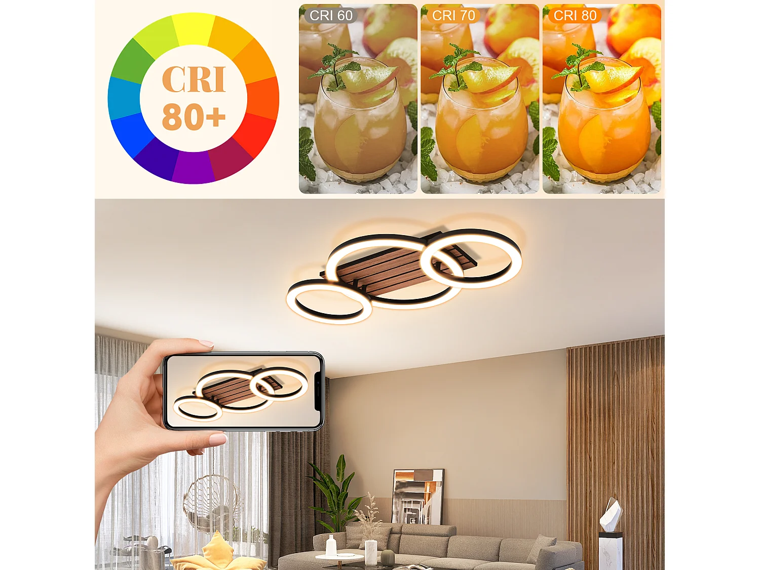 Nettlife Plafonnier pour Salon, 58 cm Noir avec Imitation Bois, 3 Anneaux, 3000 K 21 W, Design moderne à 3 anneaux, LED, Éclairage LED 21 W, LED 21 W