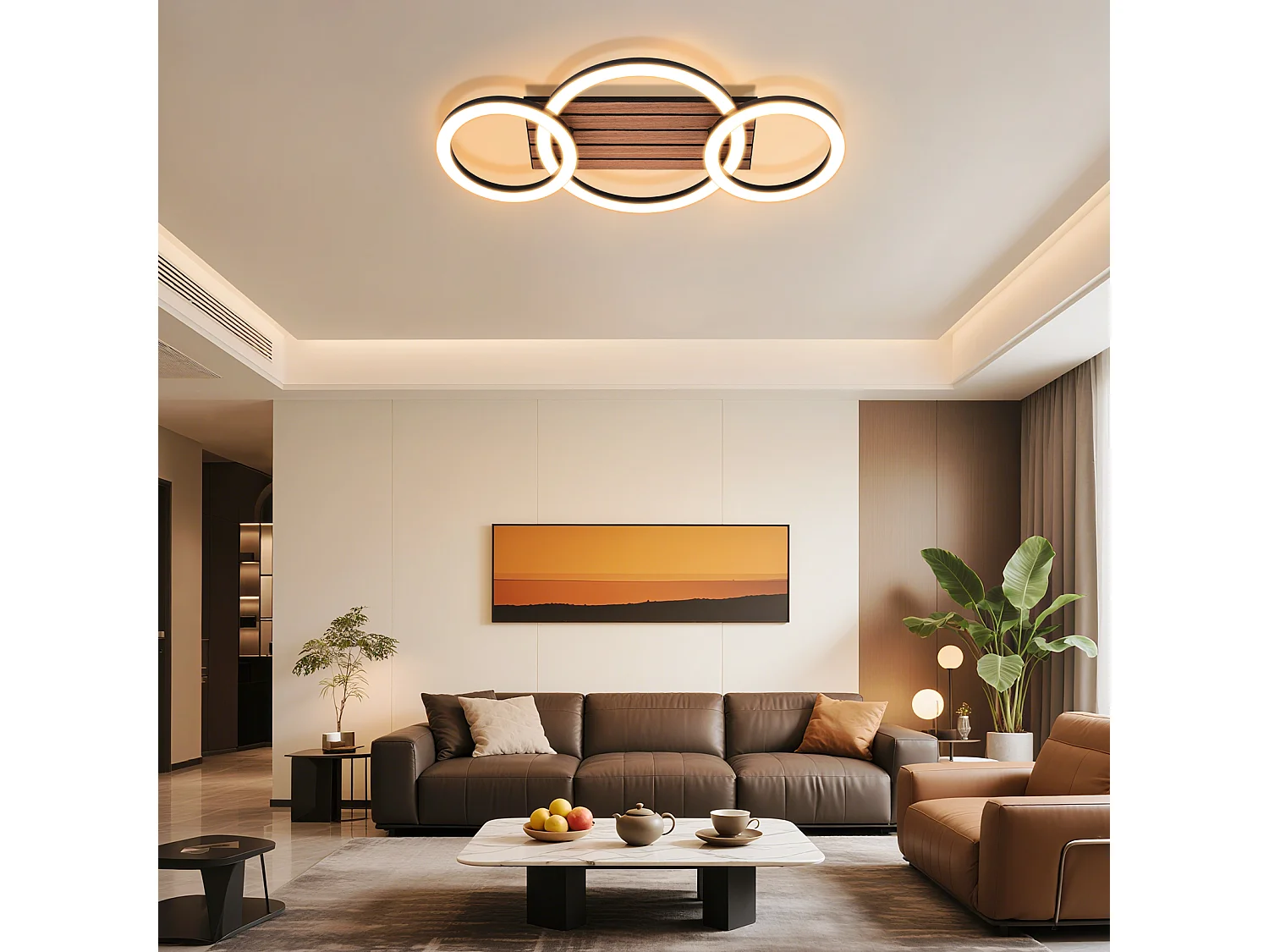 Nettlife Plafonnier pour Salon, 58 cm Noir avec Imitation Bois, 3 Anneaux, 3000 K 21 W, Design moderne à 3 anneaux, LED, Éclairage LED 21 W, LED 21 W