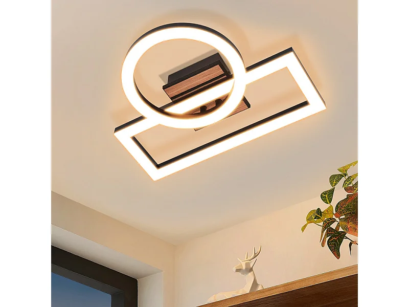 NETTLIFE Plafonnier LED 34,5cm Noir Bois 3000K 14W Design Anneau Rectangulaire Classe E