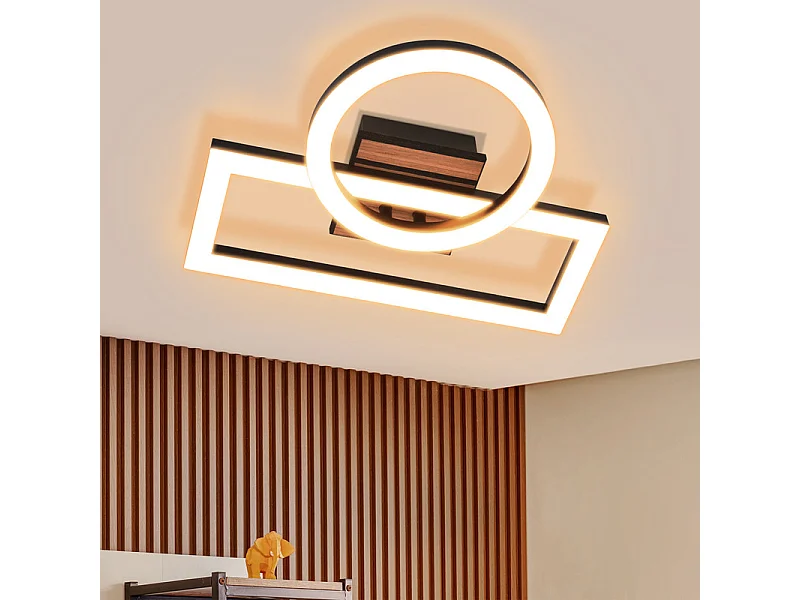 NETTLIFE Plafonnier LED 34,5cm Noir Bois 3000K 14W Design Anneau Rectangulaire Classe E