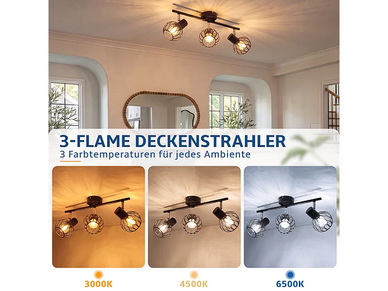 NETTLIFE Spot plafond 3 lumières noir E14 métal orientable 350° sans ampoule