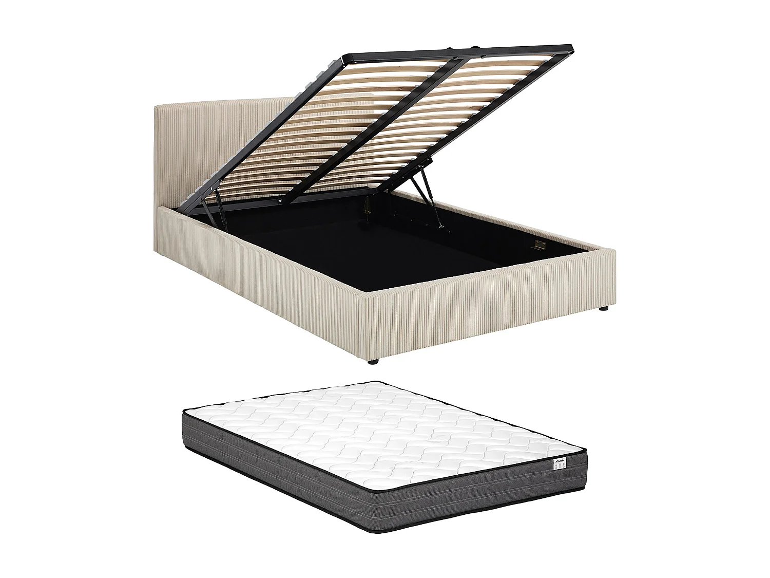 Lit coffre 140 x 200 cm – Velours côtelé – Crème + Matelas - VALME