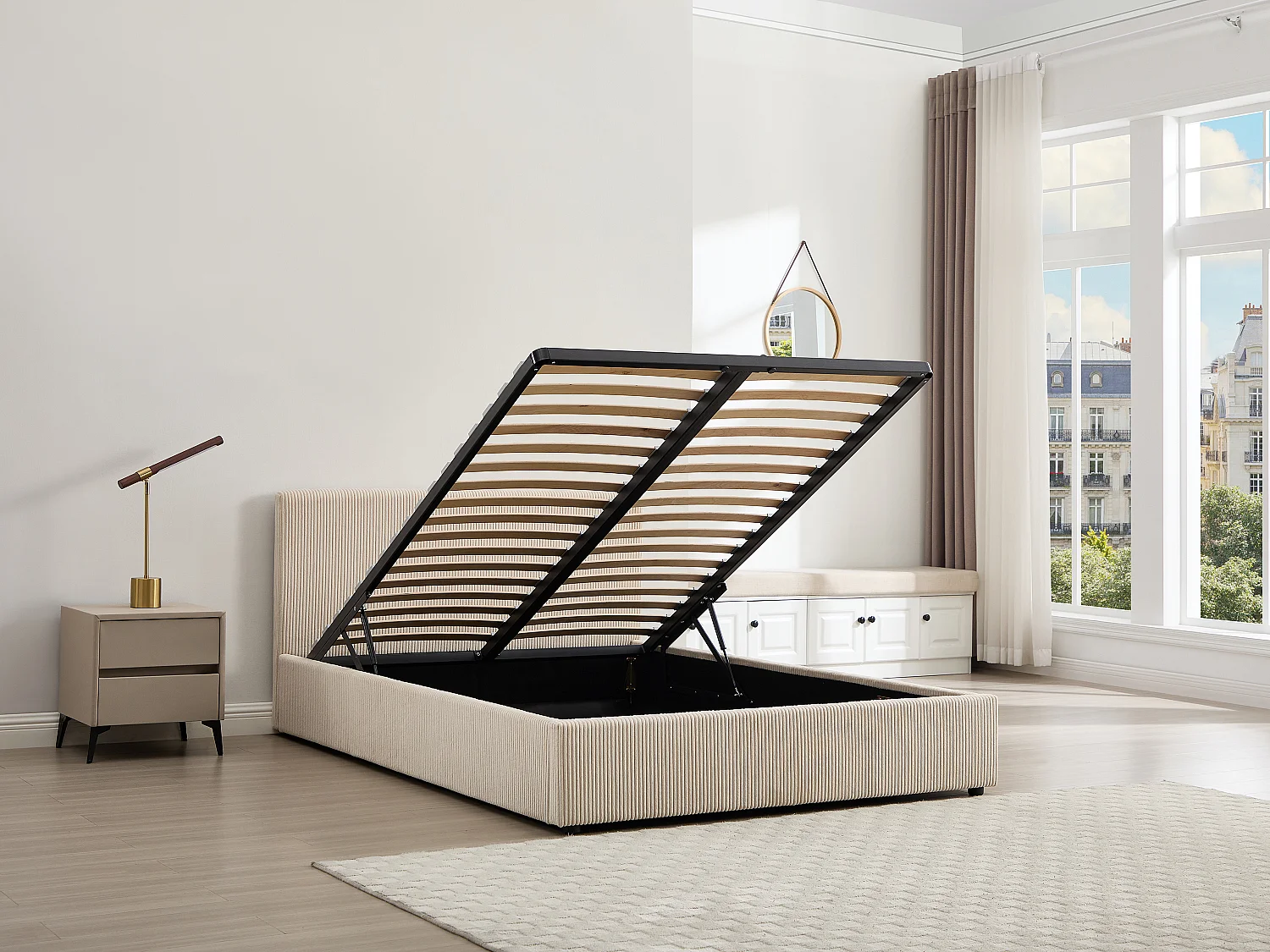 Lit coffre 140 x 200 cm – Velours côtelé – Crème + Matelas - VALME