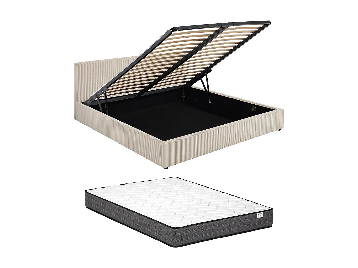 Lit coffre 200 x 200 cm – Velours côtelé – Crème + Matelas - VALME