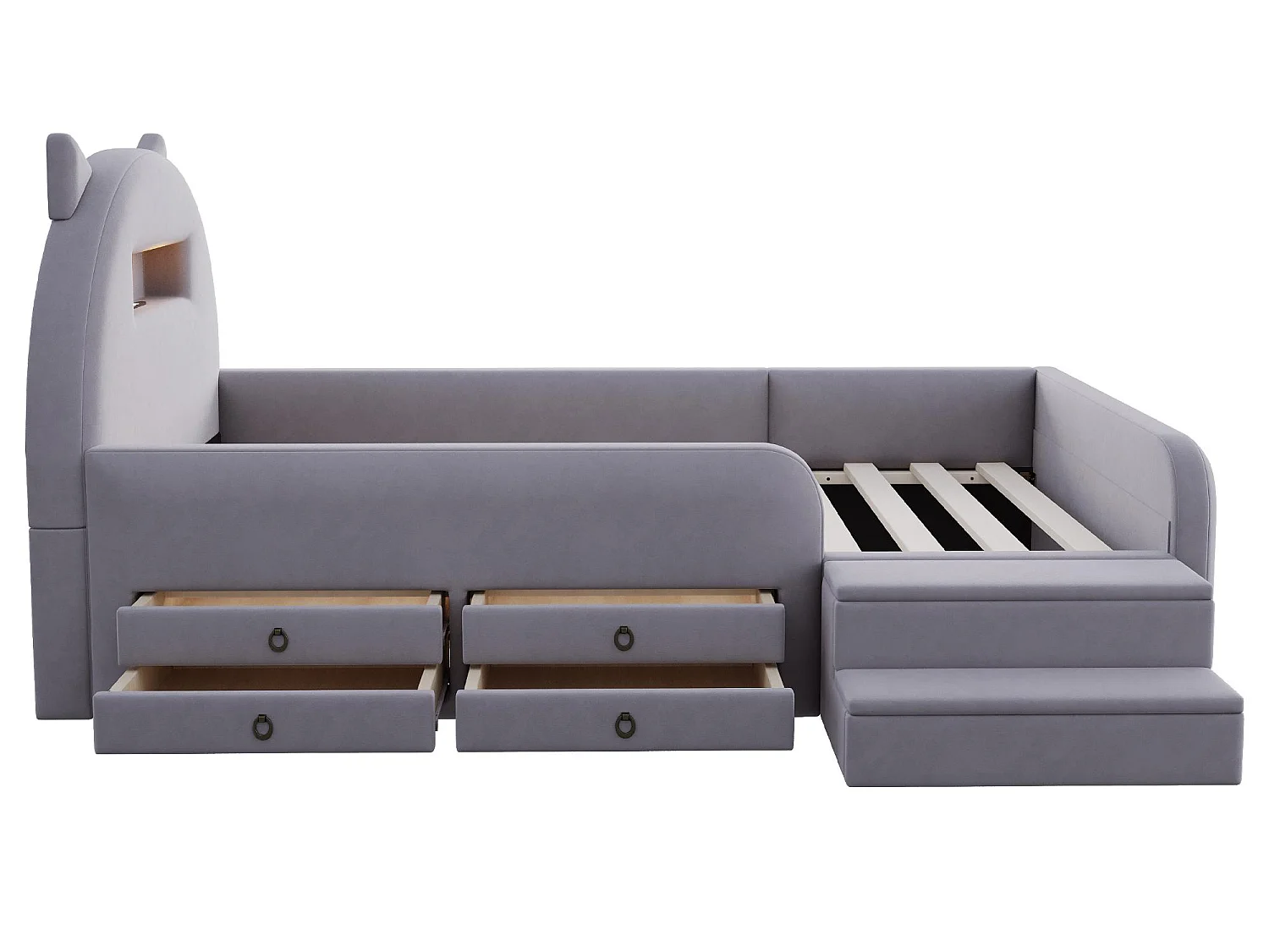 Lit Enfant Chat 90x200 Velours - Veilleuse Sans Fil, Port USB, 4 Tiroirs, Marchepied Amovible - Sur-Mesure Possible