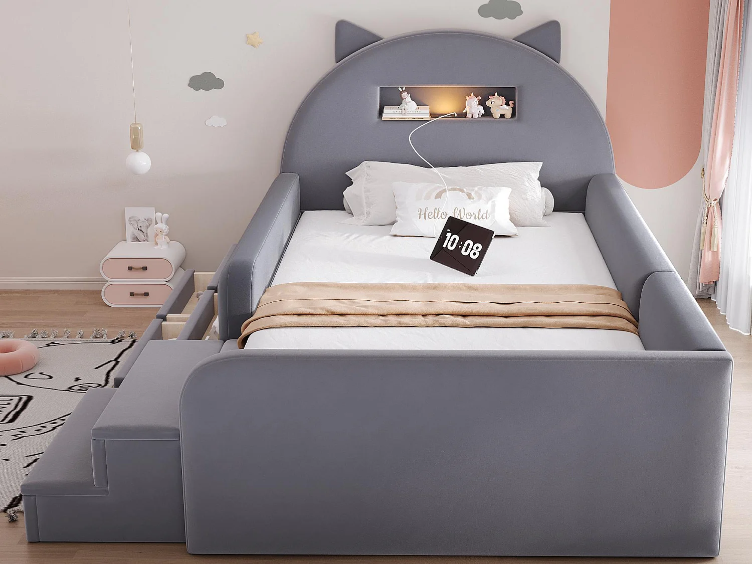 Lit Enfant Chat 90x200 Velours - Veilleuse Sans Fil, Port USB, 4 Tiroirs, Marchepied Amovible - Sur-Mesure Possible