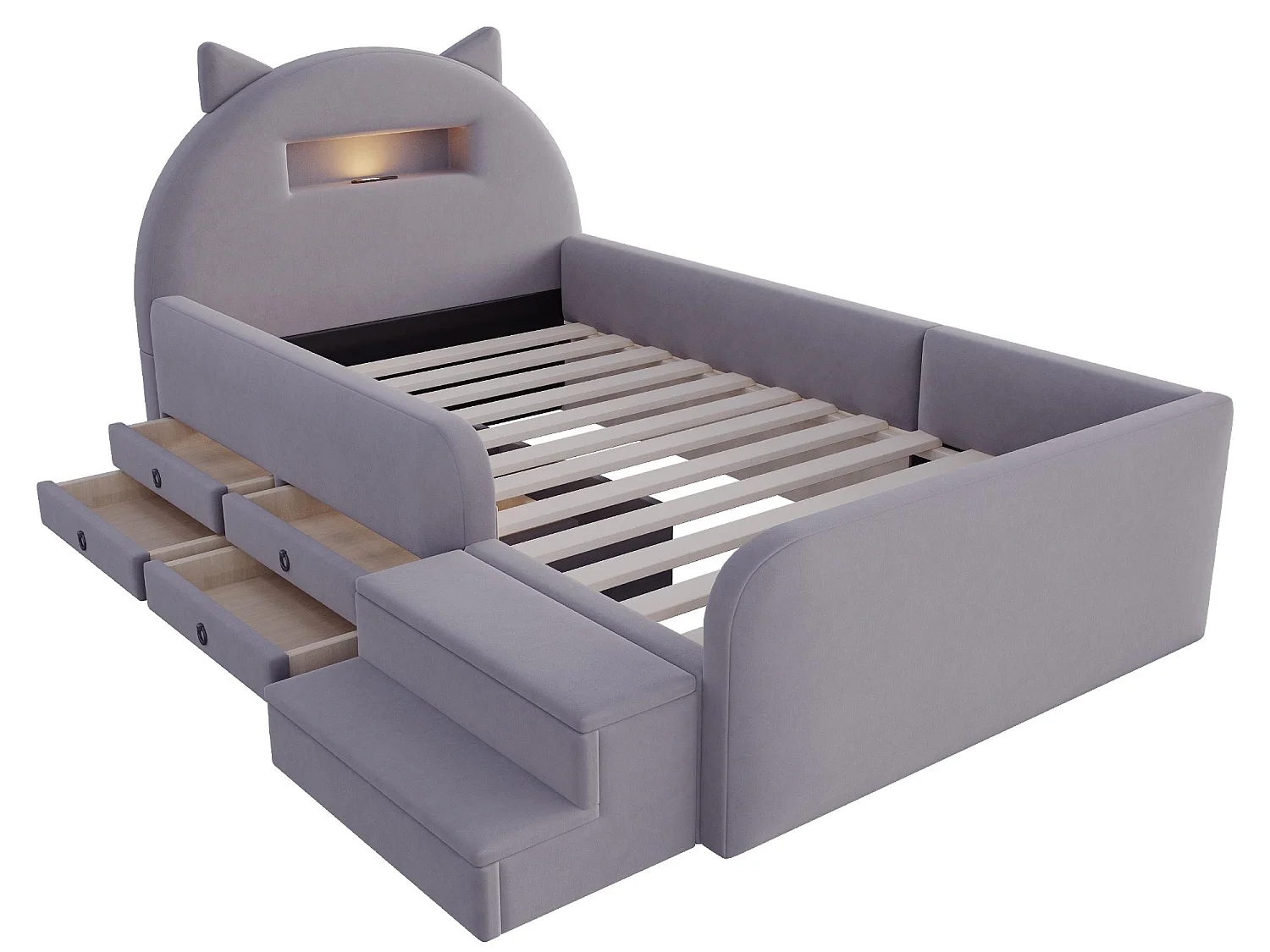 Lit Enfant Chat 90x200 Velours - Veilleuse Sans Fil, Port USB, 4 Tiroirs, Marchepied Amovible - Sur-Mesure Possible