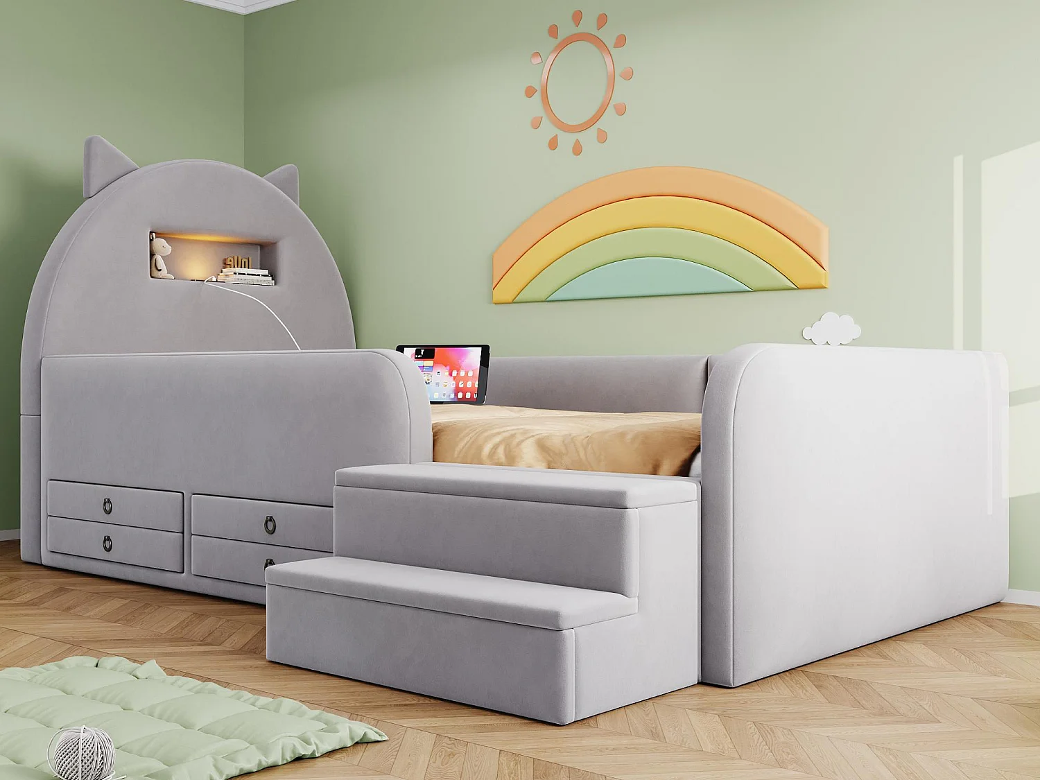 Lit Enfant Chat 90x200 Velours - Veilleuse Sans Fil, Port USB, 4 Tiroirs, Marchepied Amovible - Sur-Mesure Possible