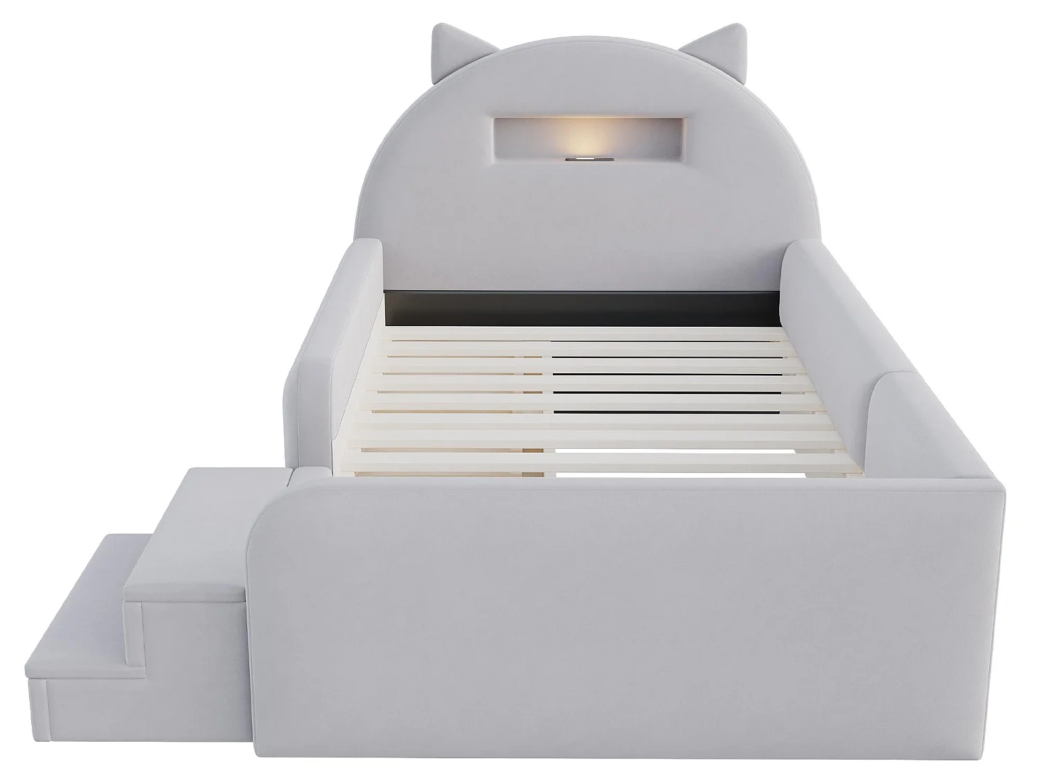 Lit Enfant Chat 90x200 Velours - Veilleuse Sans Fil, Port USB, 4 Tiroirs, Marchepied Amovible - Sur-Mesure Possible