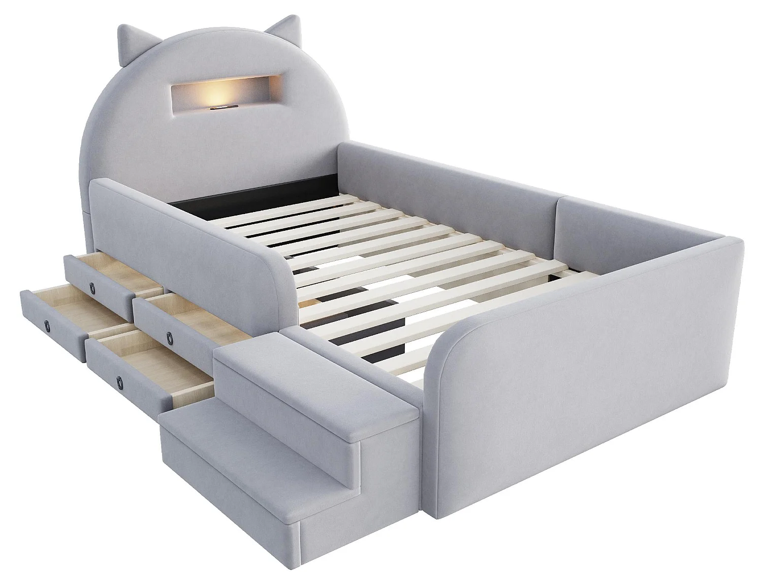 Lit Enfant Chat 90x200 Velours - Veilleuse Sans Fil, Port USB, 4 Tiroirs, Marchepied Amovible - Sur-Mesure Possible