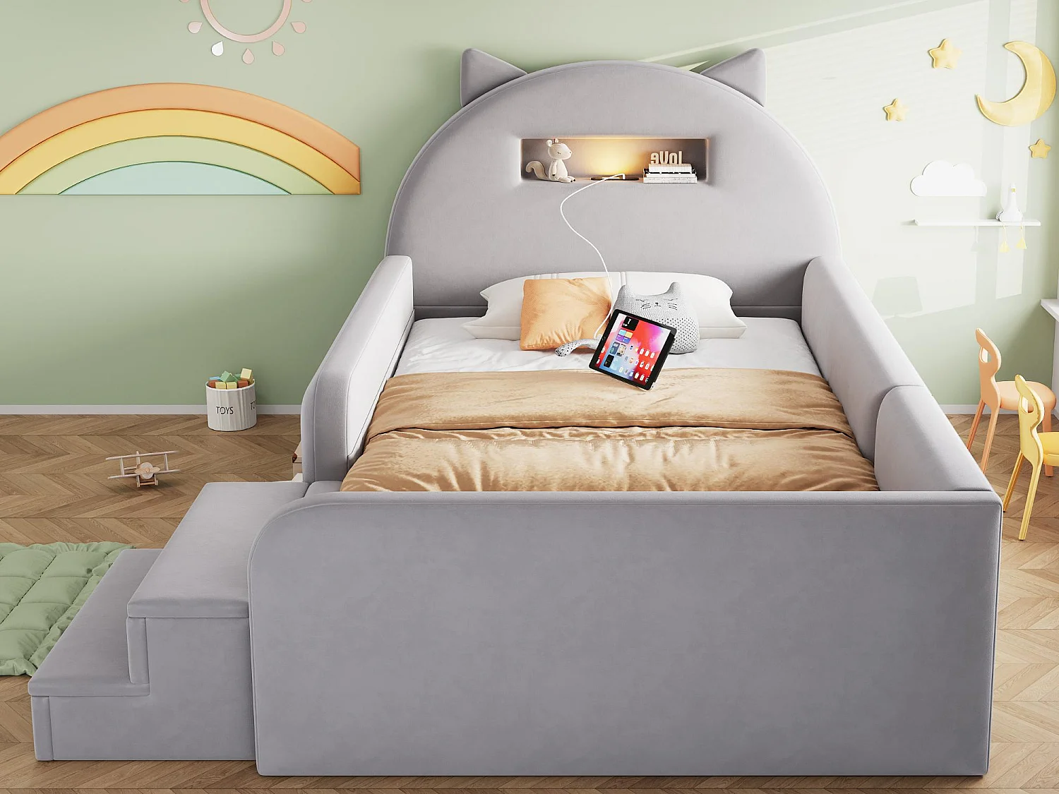 Lit Enfant Chat 90x200 Velours - Veilleuse Sans Fil, Port USB, 4 Tiroirs, Marchepied Amovible - Sur-Mesure Possible