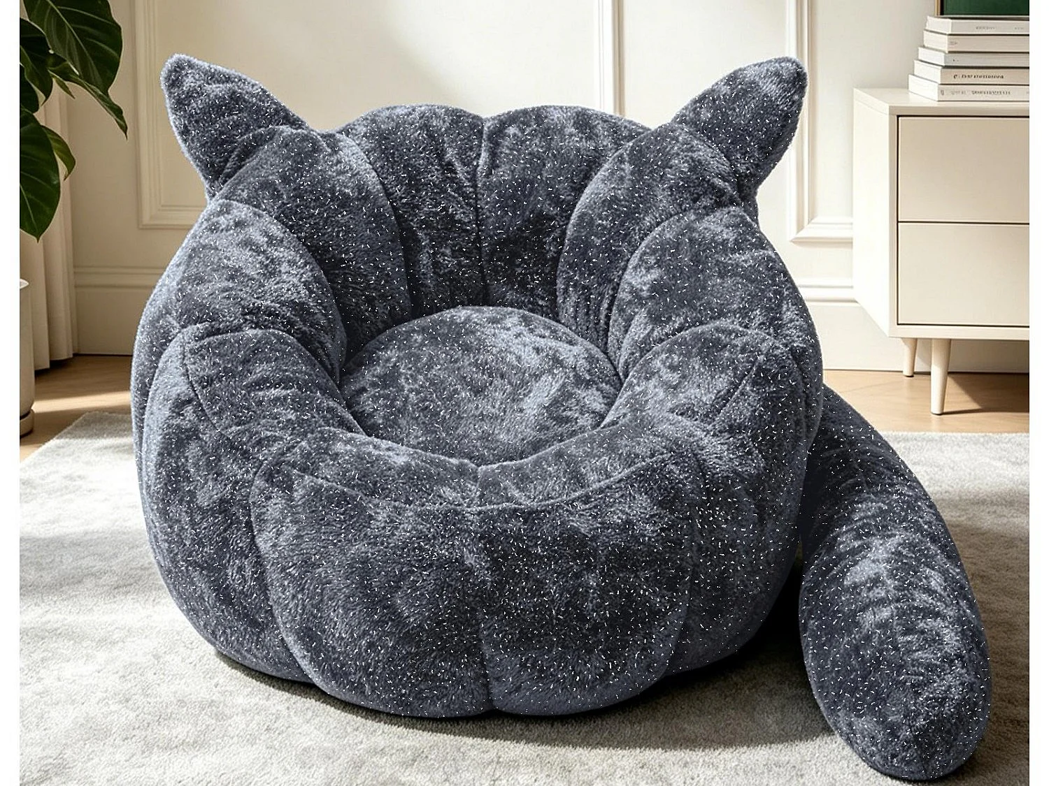 Zitzak Volwassenen Vos Grijs Glitter - Bean Bag Stoel van Flanel met Oren & Staart