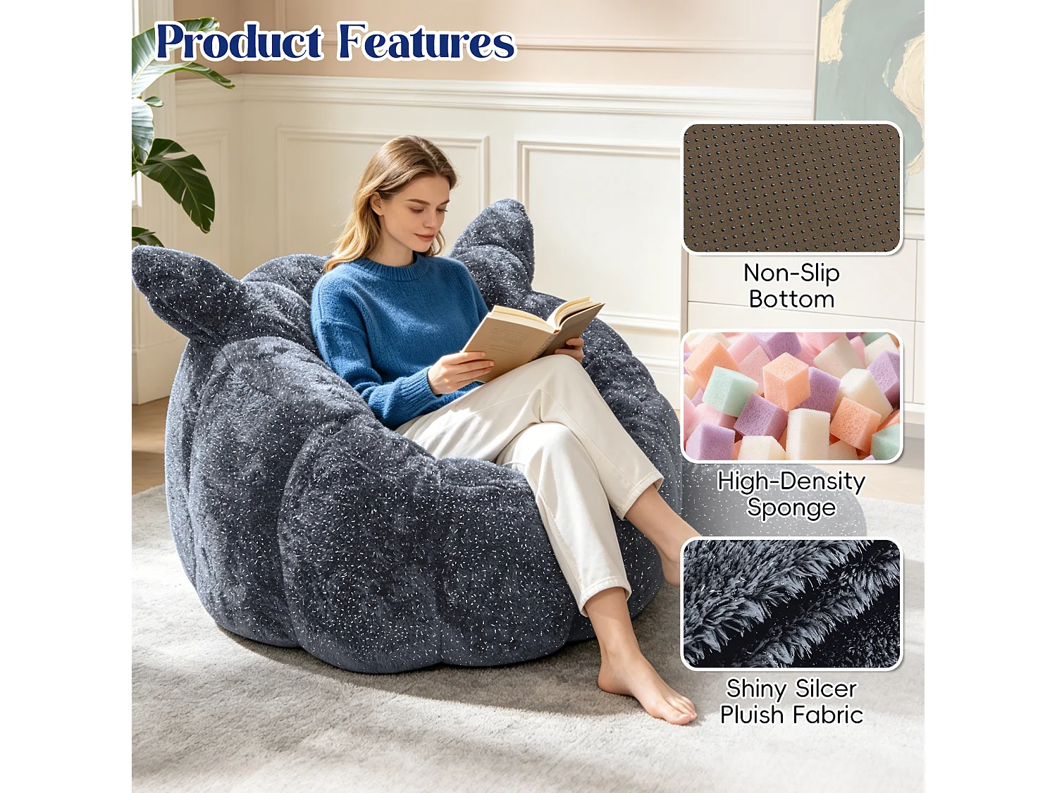 Zitzak Volwassenen Vos Grijs Glitter - Bean Bag Stoel van Flanel met Oren & Staart