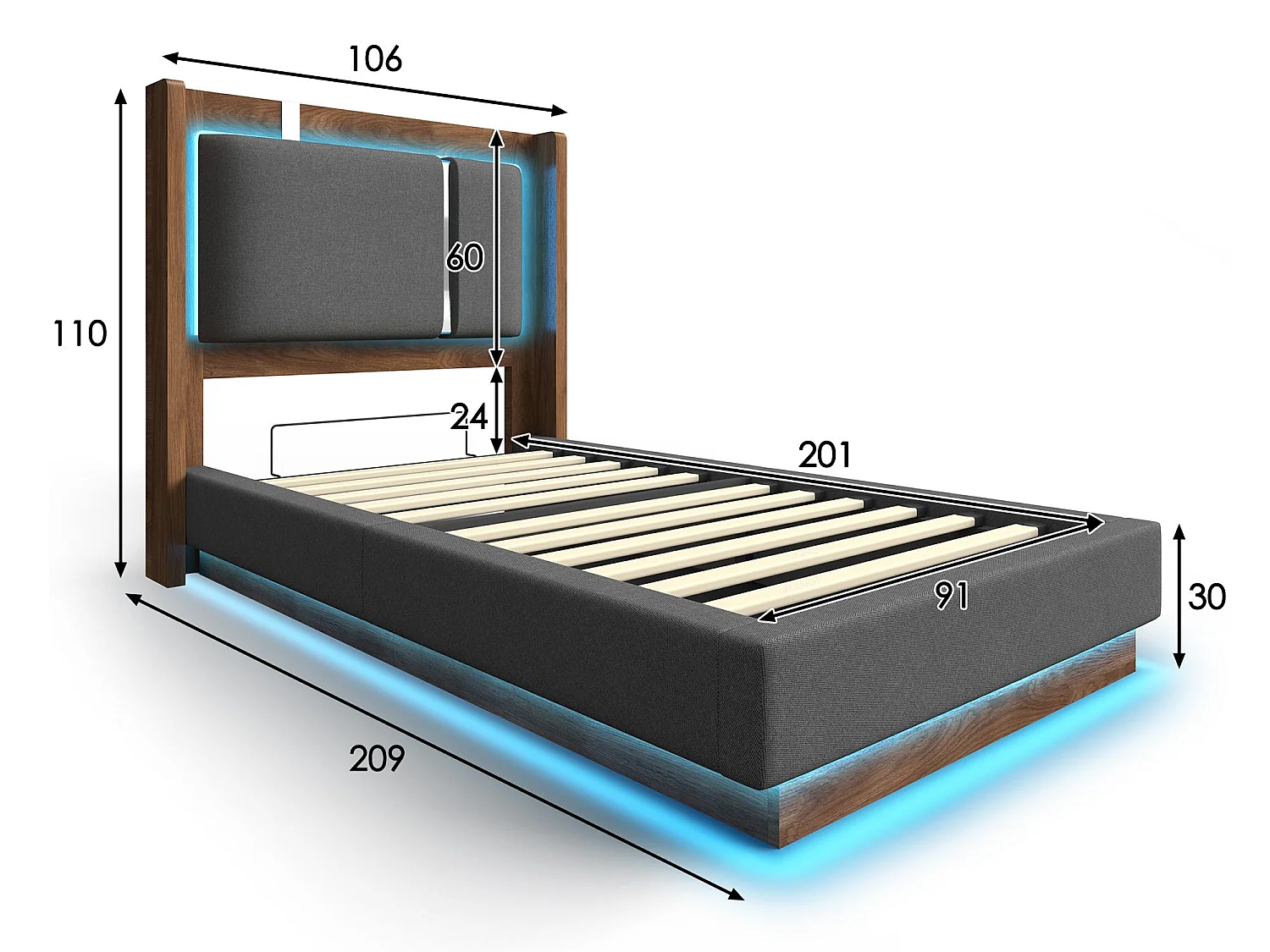 Lit Coffre Adulte Design Rétro Gris | Éclairage LED & Rangement Hydraulique | Tête de Lit Rembourrée Lin | Sommier à Lattes | 90x200cm