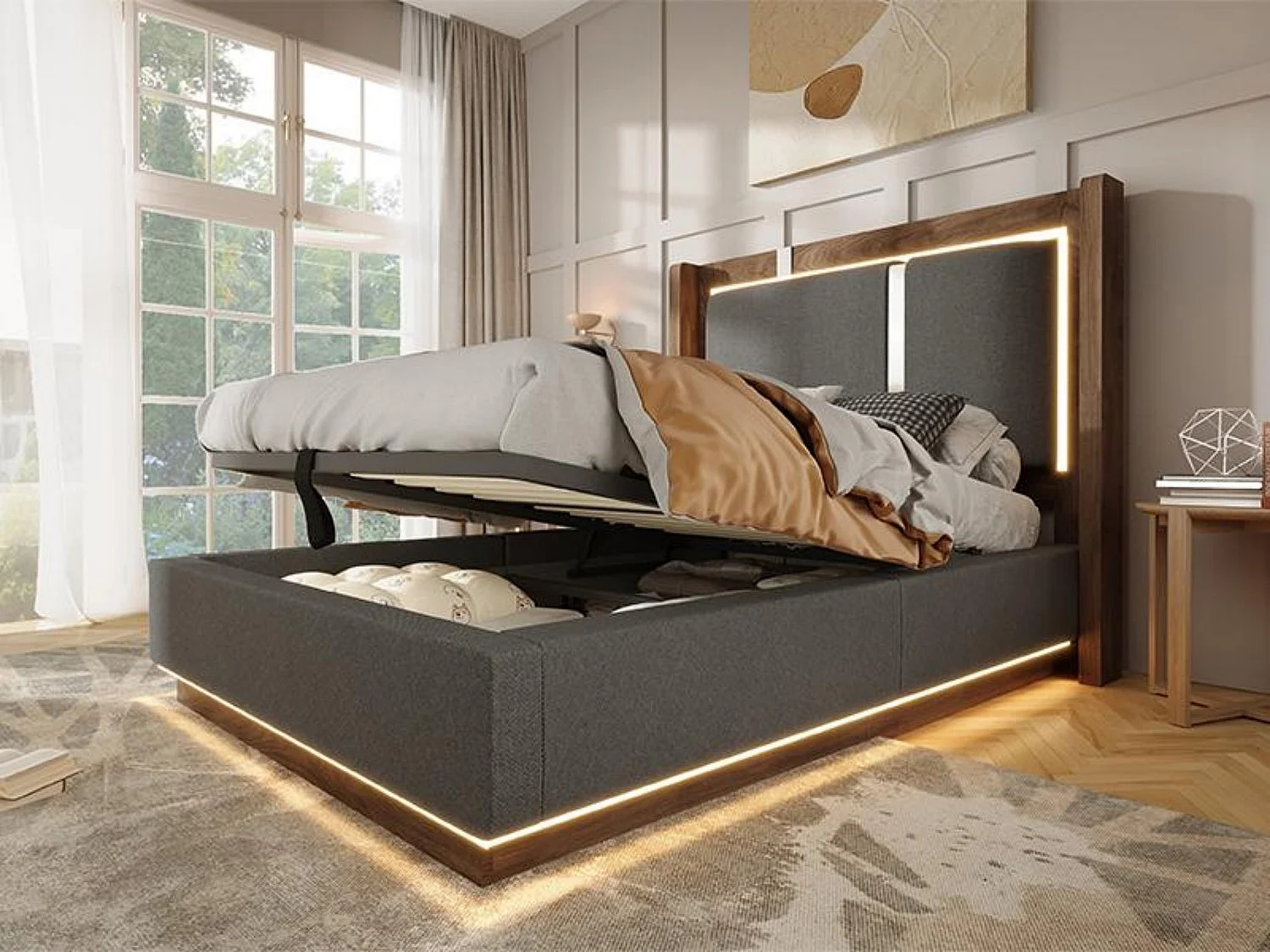 Lit Coffre Adulte Design Rétro Gris | Éclairage LED & Rangement Hydraulique | Tête de Lit Rembourrée Lin | Sommier à Lattes | 90x200cm