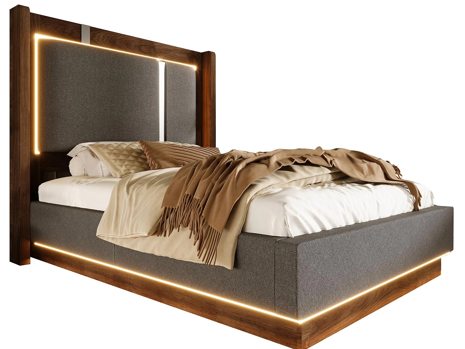 Lit Coffre Adulte Design Rétro Gris | Éclairage LED & Rangement Hydraulique | Tête de Lit Rembourrée Lin | Sommier à Lattes | 90x200cm