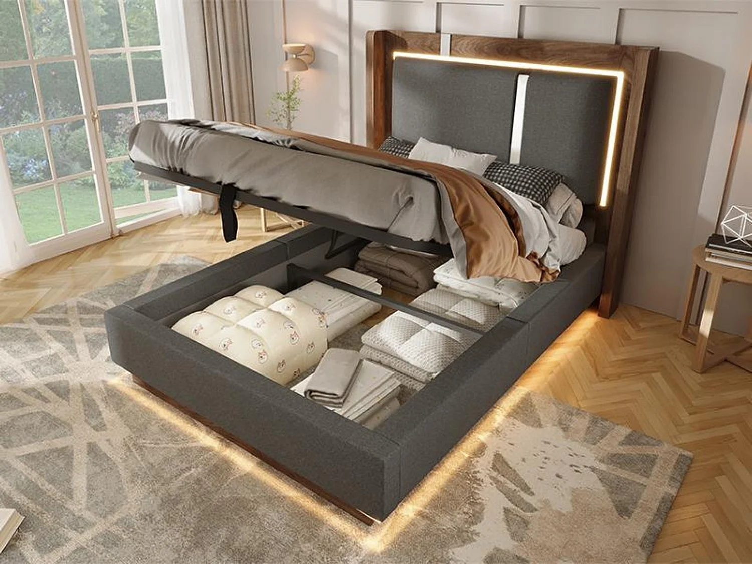 Lit Coffre Adulte Design Rétro Gris | Éclairage LED & Rangement Hydraulique | Tête de Lit Rembourrée Lin | Sommier à Lattes | 90x200cm