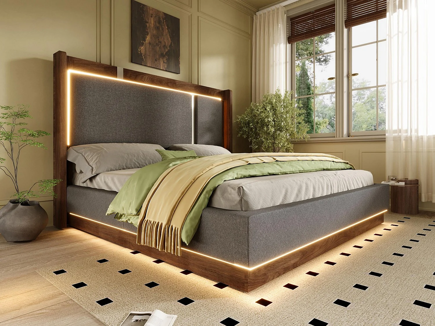 Lit Coffre Adulte Design Rétro | Éclairage LED & Rangement Hydraulique | Tête de Lit Rembourrée Lin | Sommier à Lattes | 140x190cm