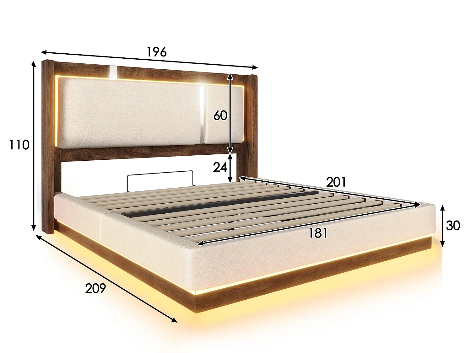 Lit Coffre Adulte Design Rétro | Éclairage LED & Rangement Hydraulique | Tête de Lit Rembourrée Lin | Sommier à Lattes | 180x200cm